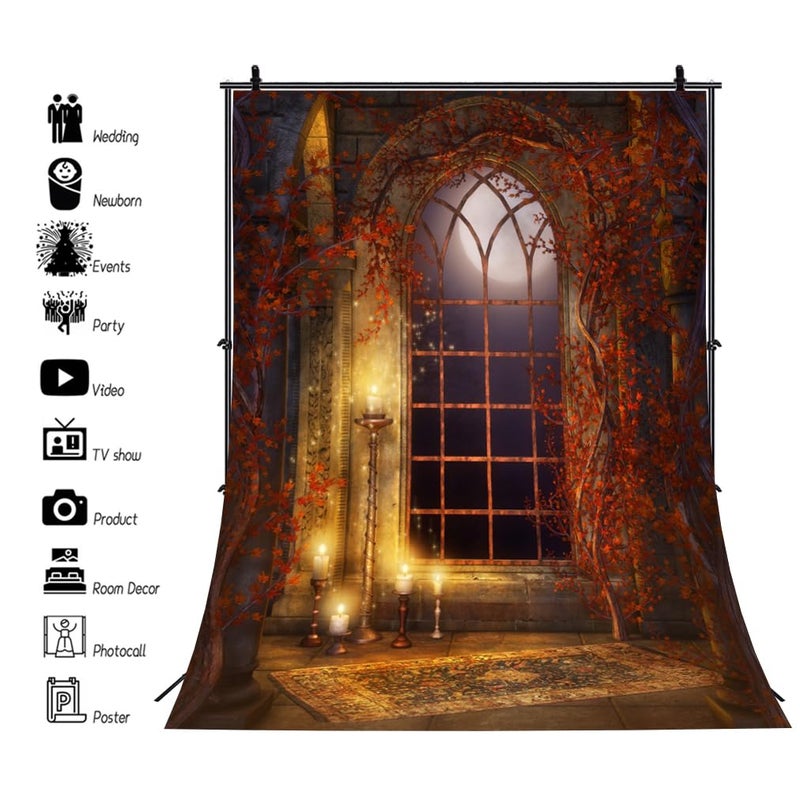 AOFOTO 5x7ft Vintage Gothic Room Backdrop Moonlight Medieval Castle Interior Candles Vines Arch Window Photography Background Child Kids Adult Portrait Halloween Party Decor Photo Shoot Studio Props - Image 3